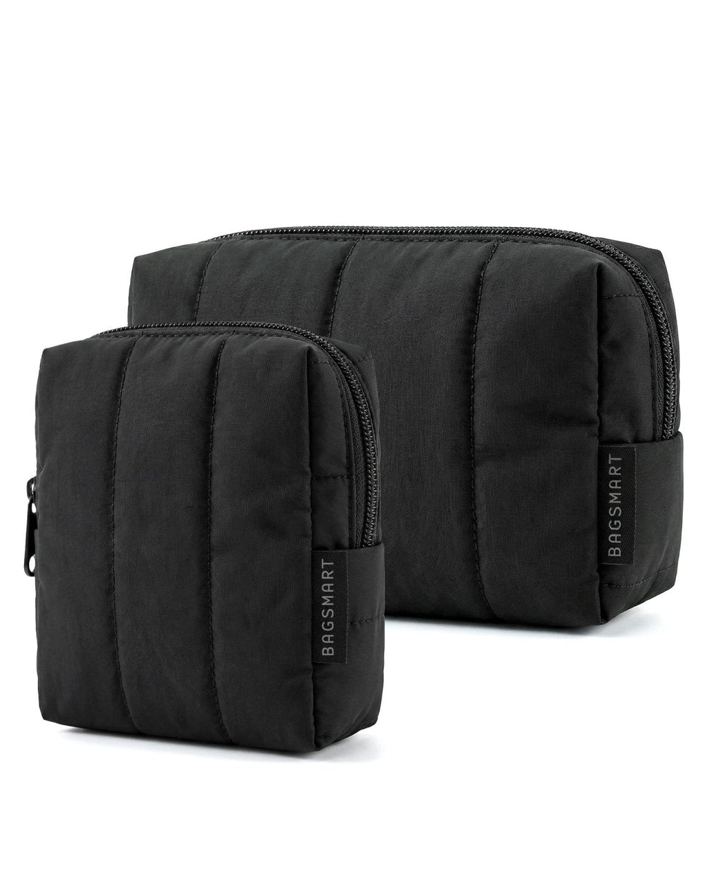 BAGSMART Makeup Bag Duo Set, Puffy Padded Travel Cosmetic Organizer with Slip-in Pockets, Large Toiletry Bag & Small Purse Pouch, Travel Essentials for Women, Black