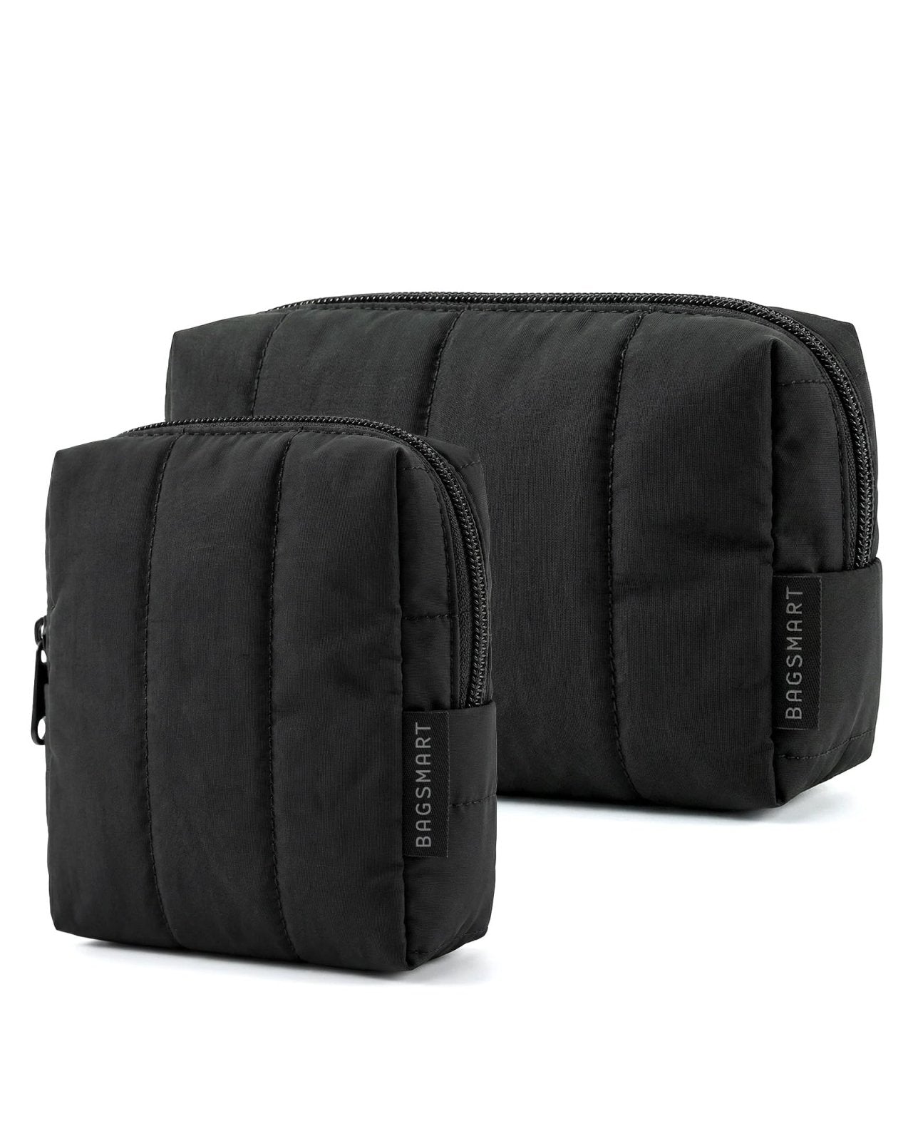 BAGSMART Makeup Bag Duo Set, Puffy Padded Travel Cosmetic Organizer with Slip-in Pockets, Large Toiletry Bag & Small Purse Pouch, Travel Essentials for Women, Black