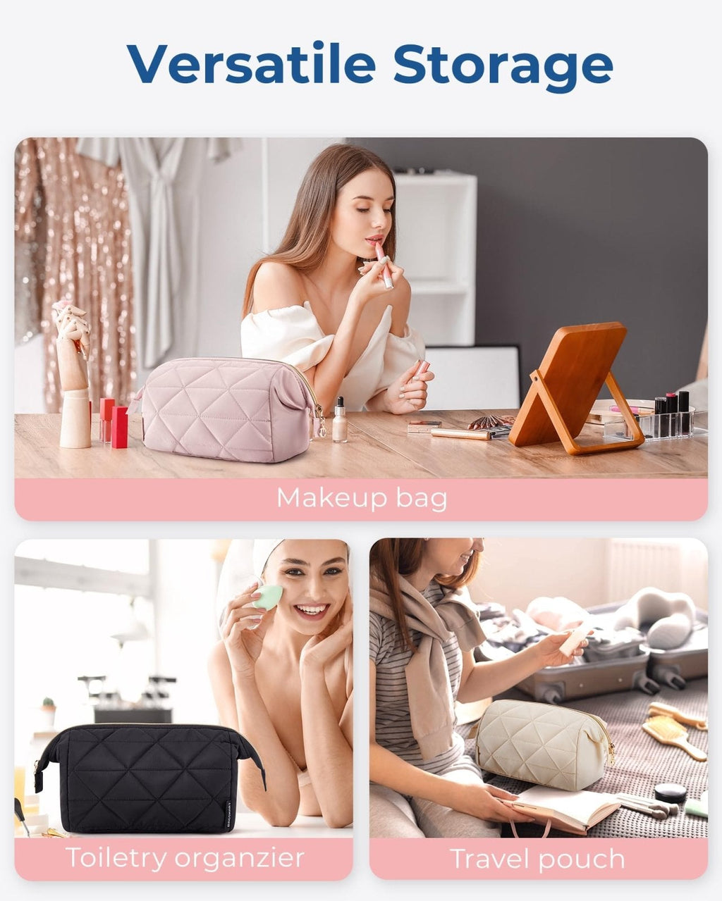 BAGSMART Makeup Bag Travel Cosmetic Bag, Puffy Padded Make Up Bags for Women Makeup Organizer Case, Wide - open Pouch Purse Travel Essentials Toiletries Accessories Brushes (Pink)
