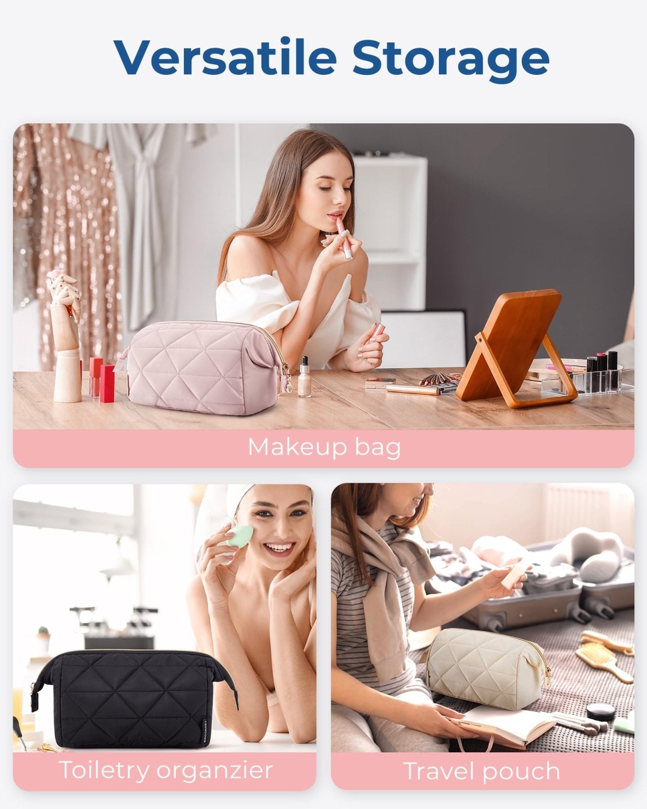 BAGSMART Makeup Bag Travel Cosmetic Bag, Puffy Padded Make Up Bags for Women Makeup Organizer Case, Wide - open Pouch Purse Travel Essentials Toiletries Accessories Brushes (Pink)