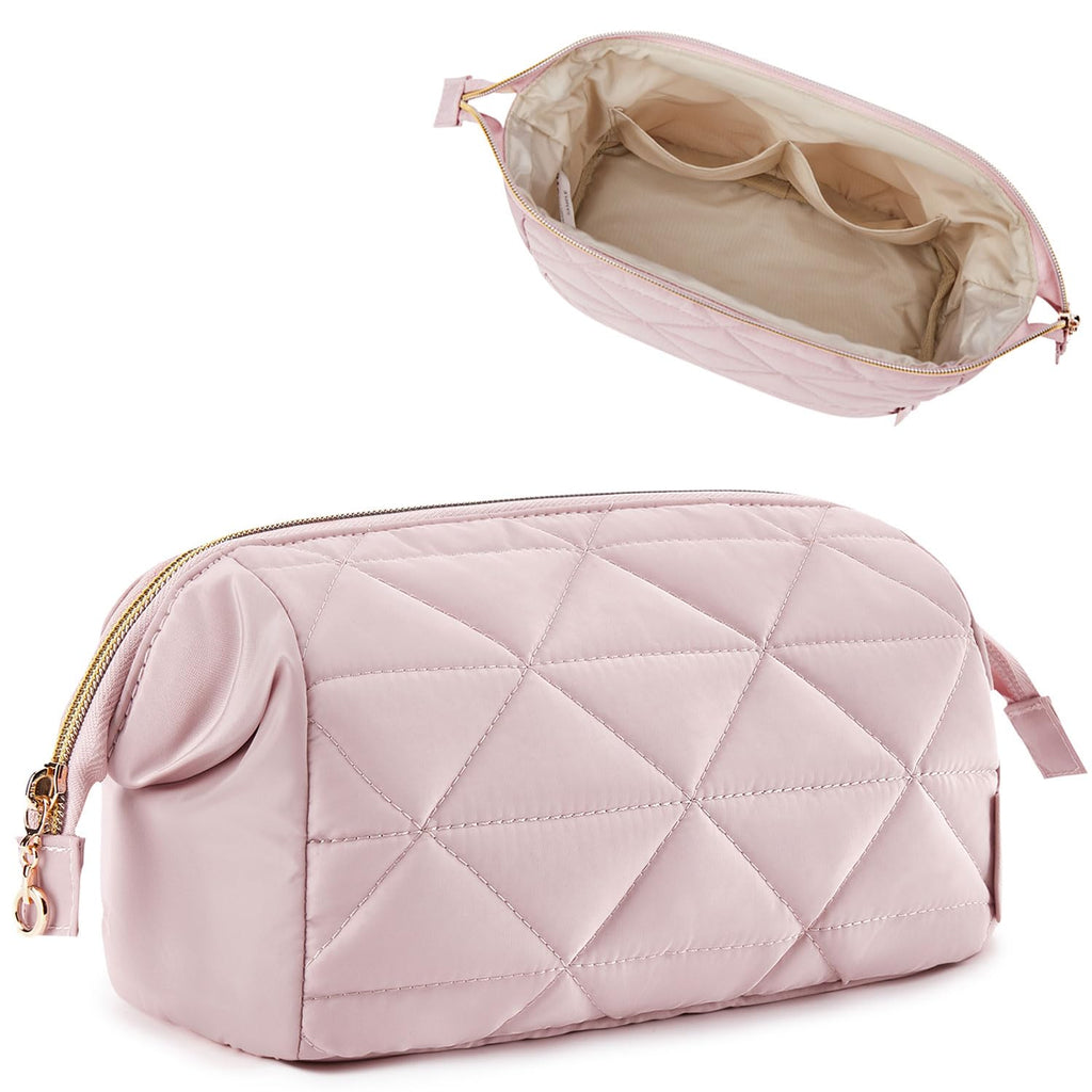 BAGSMART Makeup Bag Travel Cosmetic Bag, Puffy Padded Make Up Bags for Women Makeup Organizer Case, Wide-open Pouch Purse Travel Essentials Toiletries Accessories Brushes (Pink)