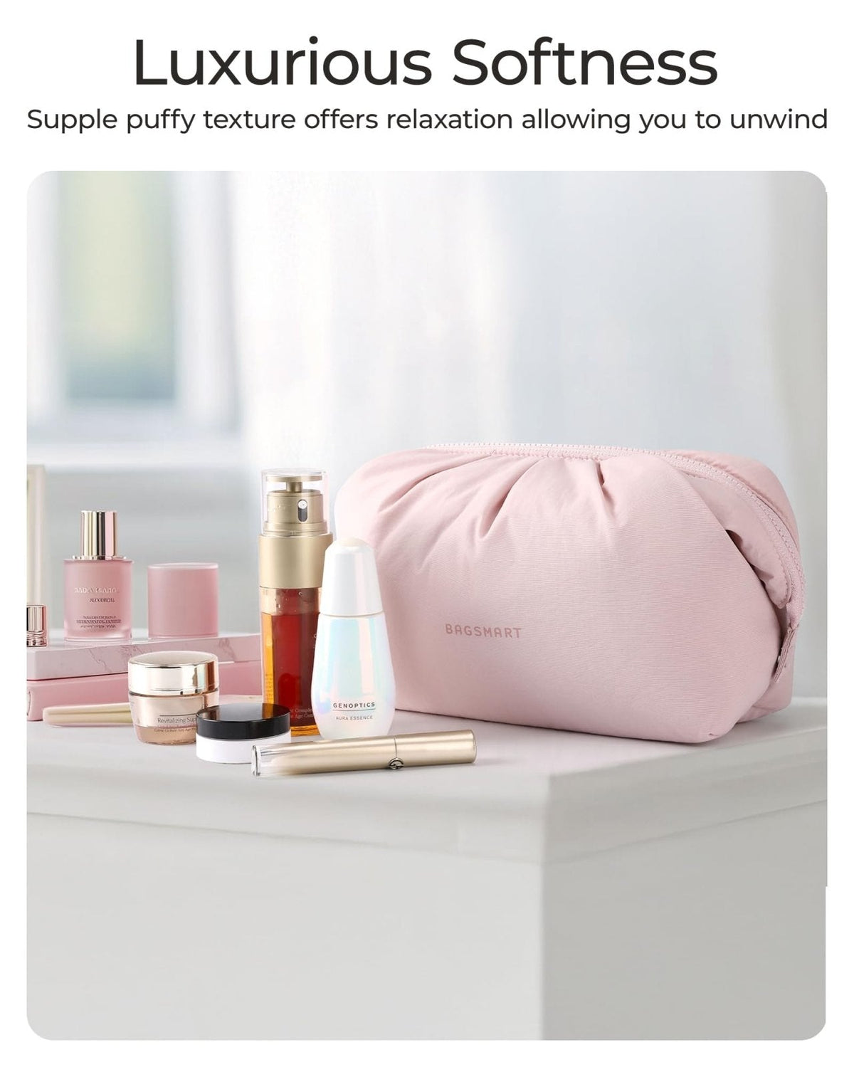 BAGSMART Makeup Bag Travel Toiletry Bag, Cute Make Up Bag, Large Capacity Cosmetic Bags for Women, Wide - open Makeup Pouch Travel Essentials Toiletries Accessories Brushes (Pink)