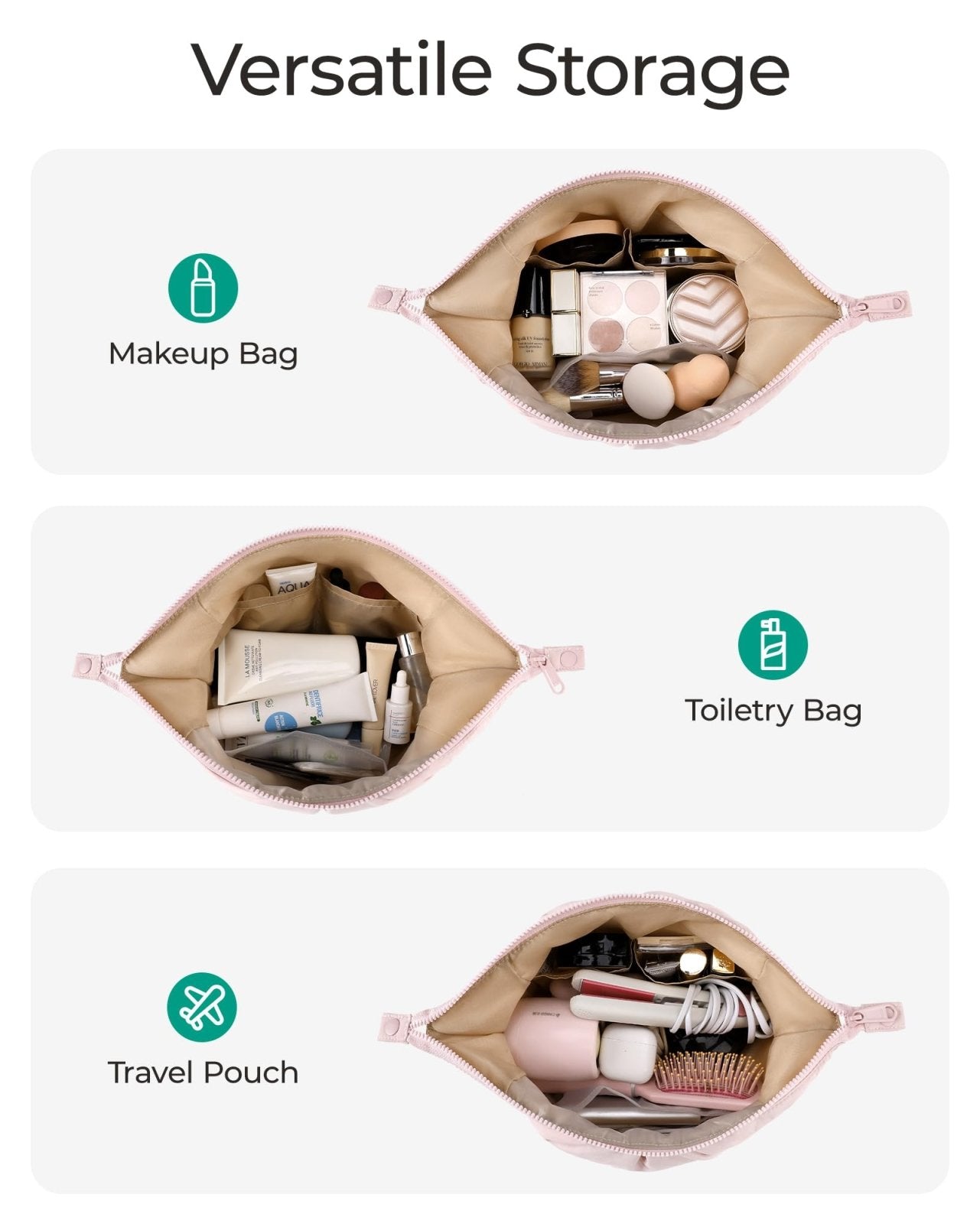 BAGSMART Makeup Bag Travel Toiletry Bag, Cute Make Up Bag, Large Capacity Cosmetic Bags for Women, Wide - open Makeup Pouch Travel Essentials Toiletries Accessories Brushes (Pink)