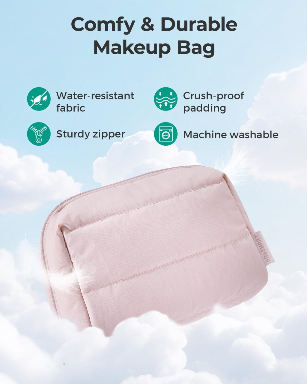 BAGSMART Puffy Makeup Bag, Wide Opening Cosmetic Bag Compact & Spacious, Water - Resistant Travel Organizer Pouches for Women (Baby Pink)