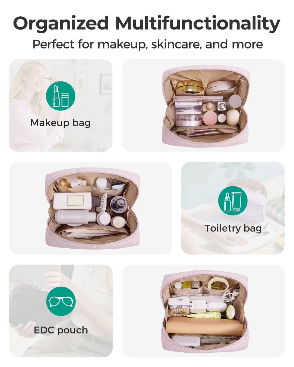 BAGSMART Puffy Makeup Bag, Wide Opening Cosmetic Bag Compact & Spacious, Water - Resistant Travel Organizer Pouches for Women (Baby Pink)