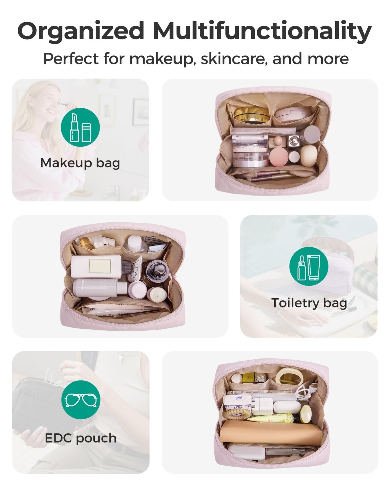 BAGSMART Puffy Makeup Bag, Wide Opening Cosmetic Bag Compact & Spacious, Water - Resistant Travel Organizer Pouches for Women (Baby Pink)