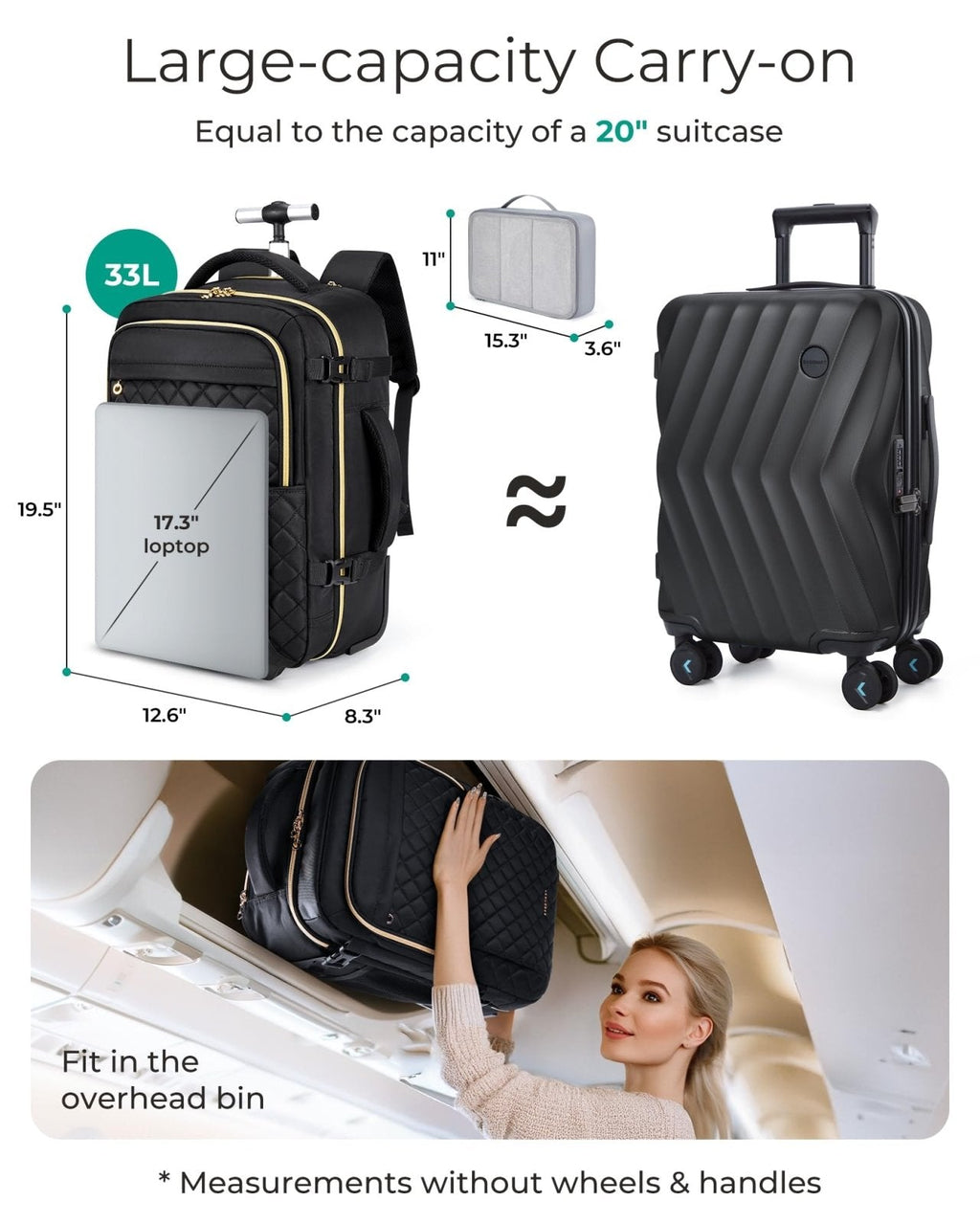 BAGSMART Rolling Backpack for Women, Wheeled Backpack with Packing Cube, Travel Back pack with Wheels, Carry On Suitcase Bag 17 Inch Large Roller Daypack, Champagne