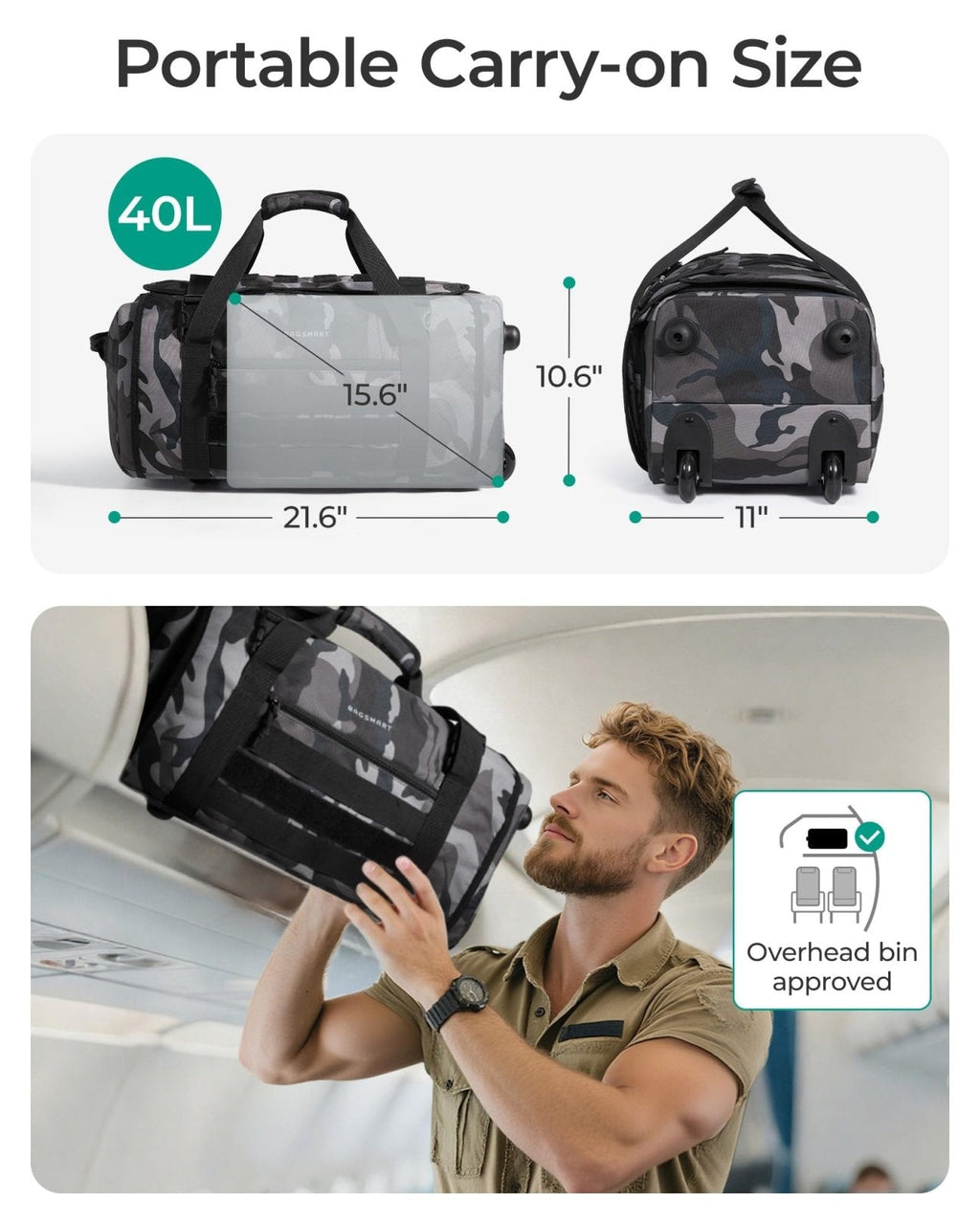 BAGSMART Rolling Duffle Bag with Wheels, Tactical Carry on Luggage, Travel Bag Gym Duffel for Men Women, Duffel with PVC Wet Pocket, Camouflage