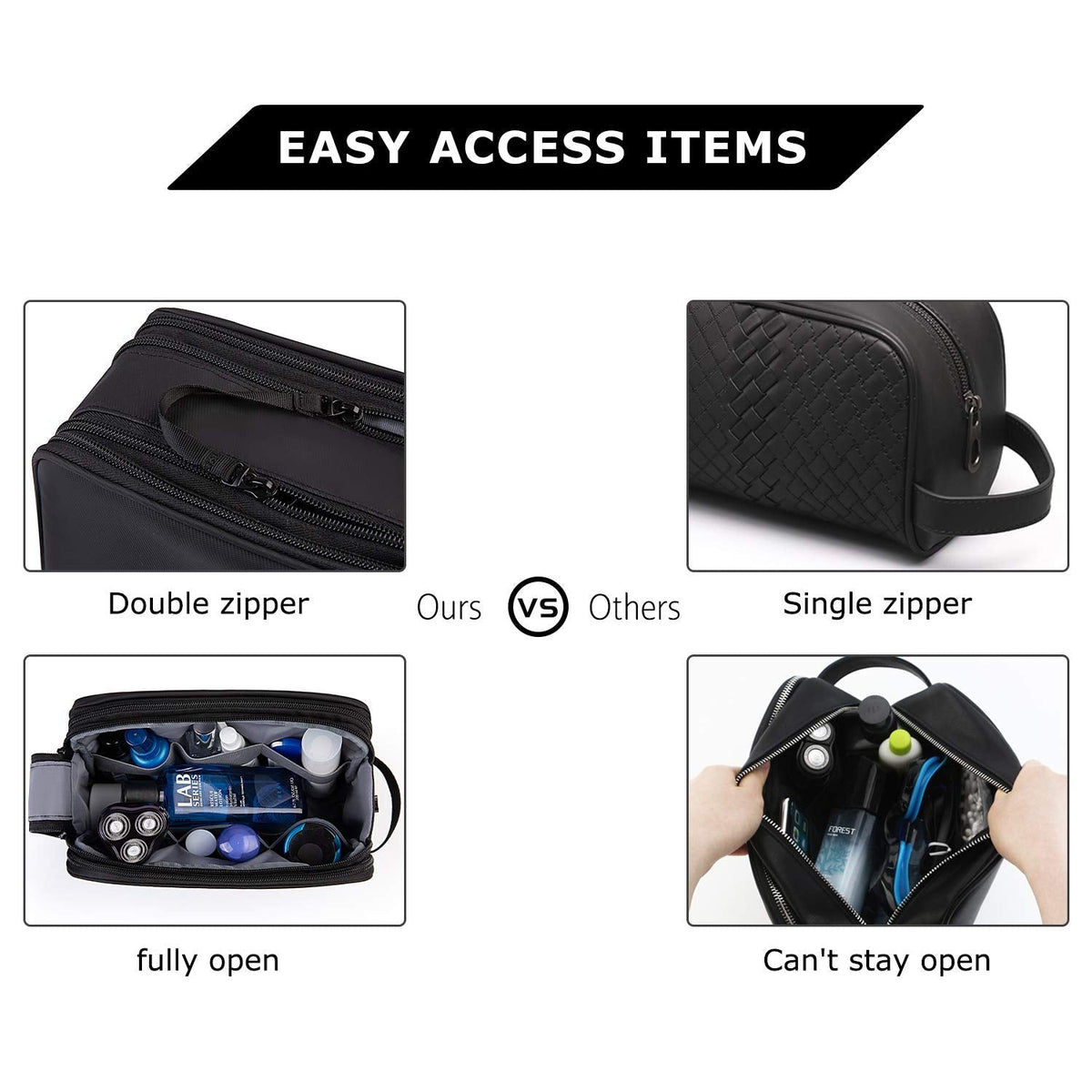 BAGSMART Toiletry Bag for Men, Travel Toiletry Organizer Dopp Kit Water - resistant Shaving Bag for Toiletries Accessories, Door Room Essentials,Black - large