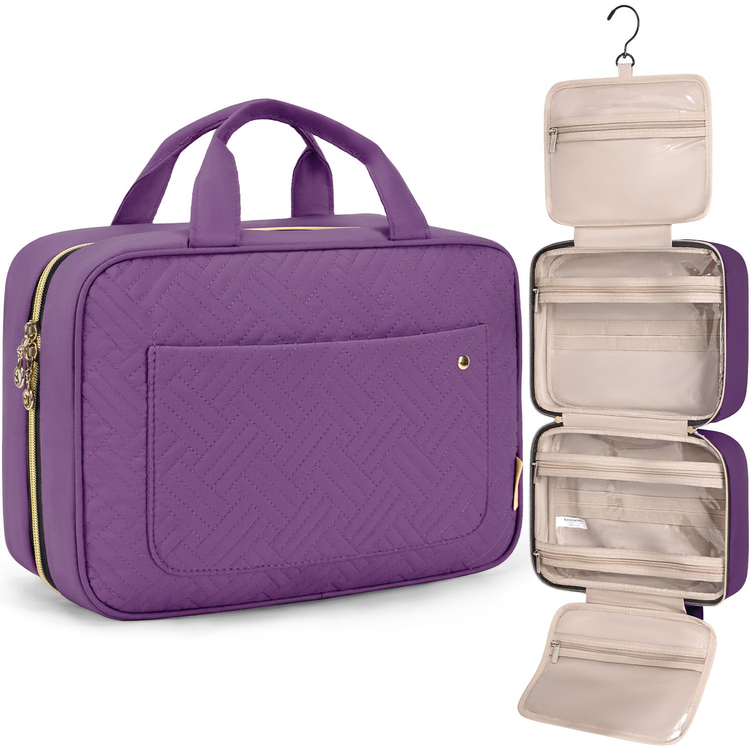 BAGSMART Toiletry Bag Travel Bag with Hanging Hook, Water-resistant Makeup Cosmetic Bag Travel Organizer for Accessories, Shampoo, Full Sized Container, Toiletries (Purple, Medium)