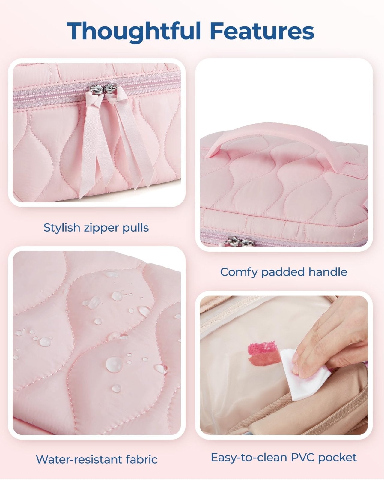 BAGSMART Travel Makeup Bag, 2 - Piece Puffy Quilted Cute Make Up Bag Cosmetic Bags for Women, Large Wide - Open Toiletry Pouch Gifts for Toiletries Accessories Travelling Essentials, Pink