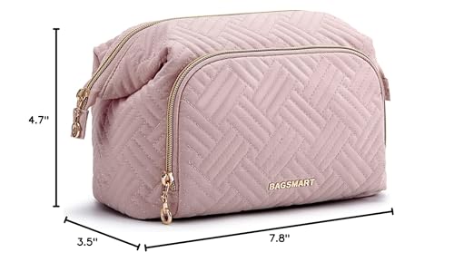 BAGSMART Travel Makeup Bag, Cosmetic Bag Small Make Up Organizer Case,Wide - open Pouch for Women Purse for Toiletries Accessories Brushes Pink