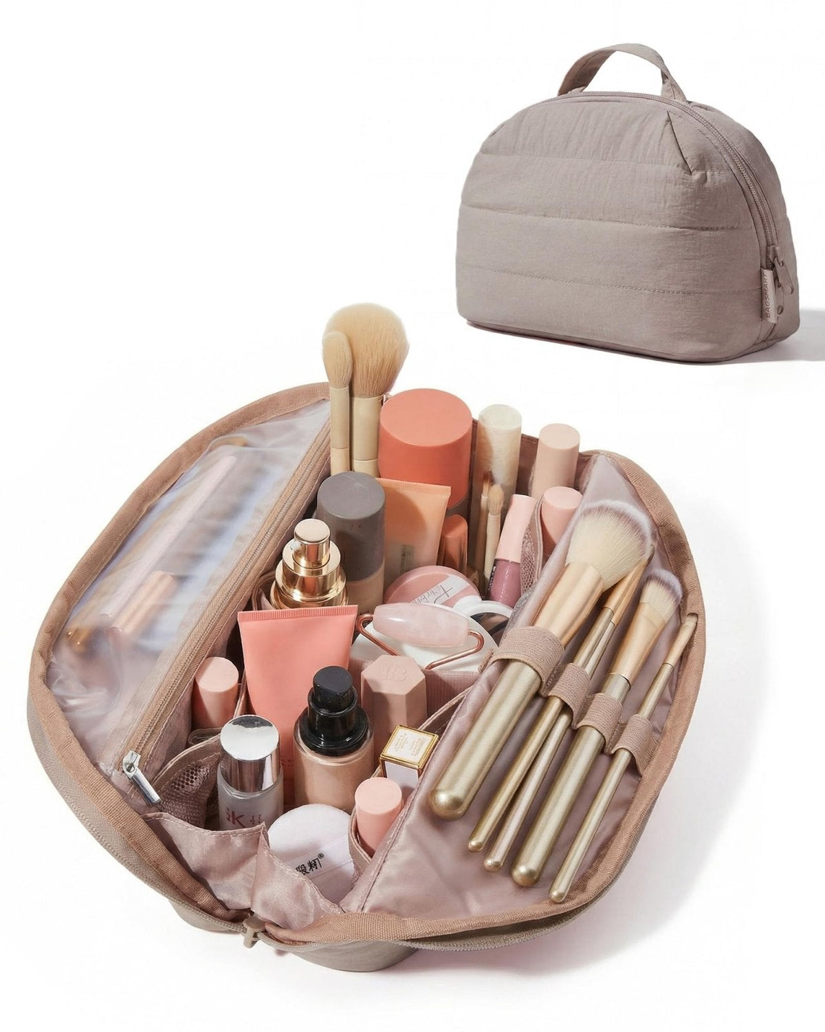 BAGSMART Travel Makeup Bag for Women, Portable Fold-down Cosmetic Case, Puffy Padded Make Up Organizer Pouch, Water-resistant Toiletry Bag for Toiletries, Brushes (Brown)
