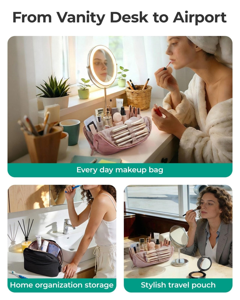 BAGSMART Travel Makeup Bag for Women, Portable Fold - down Cosmetic Case, Puffy Padded Make Up Organizer Pouch, Water - resistant Toiletry Bag for Toiletries, Brushes (Brown)