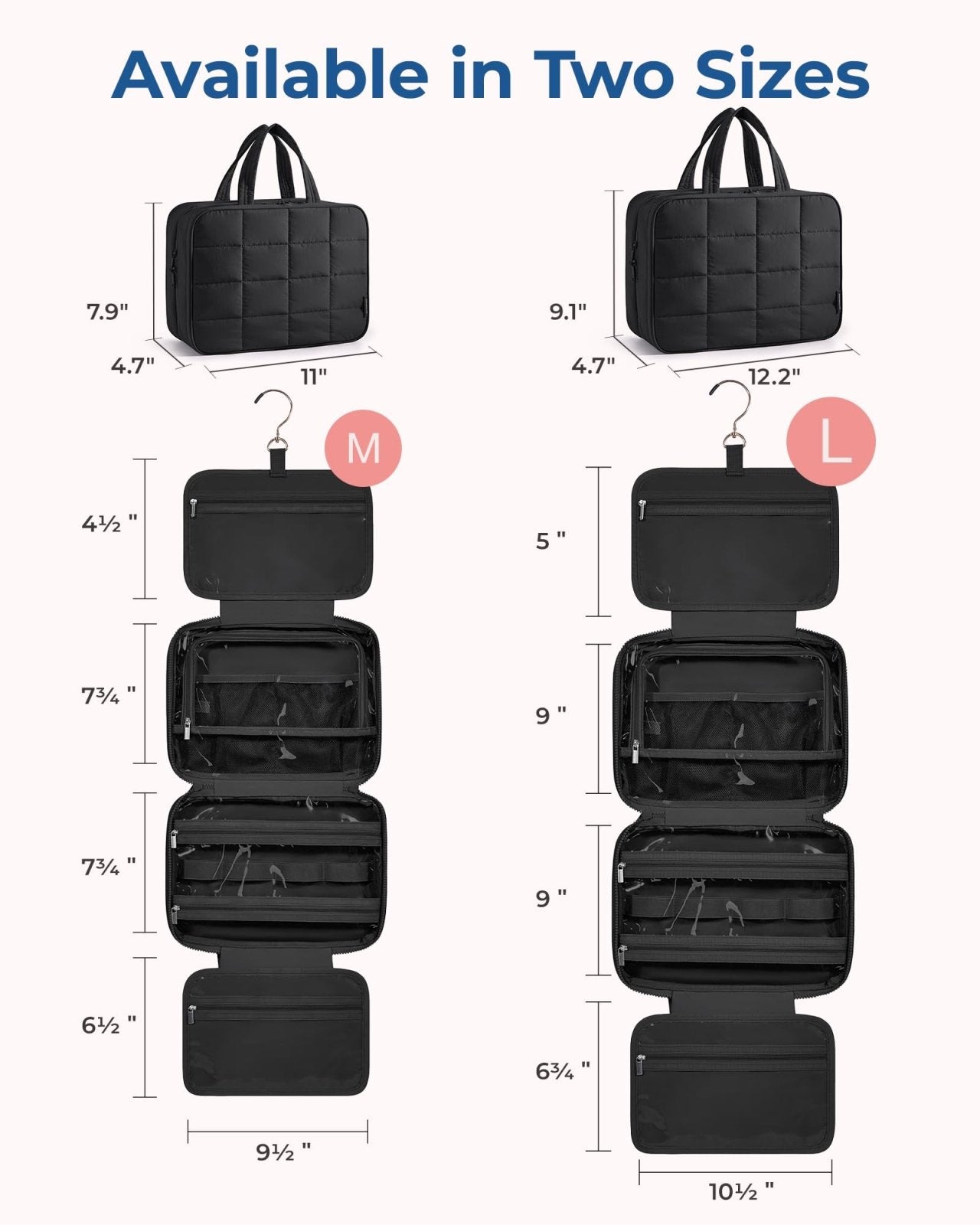 BAGSMART Travel Toiletry Bag with Jewelry Organizer, Hanging Travel Bag for Toiletries, Puffy Makeup Cosmetic Bag Organizer, Carry - on Travel Accessories Essentials, Black - L