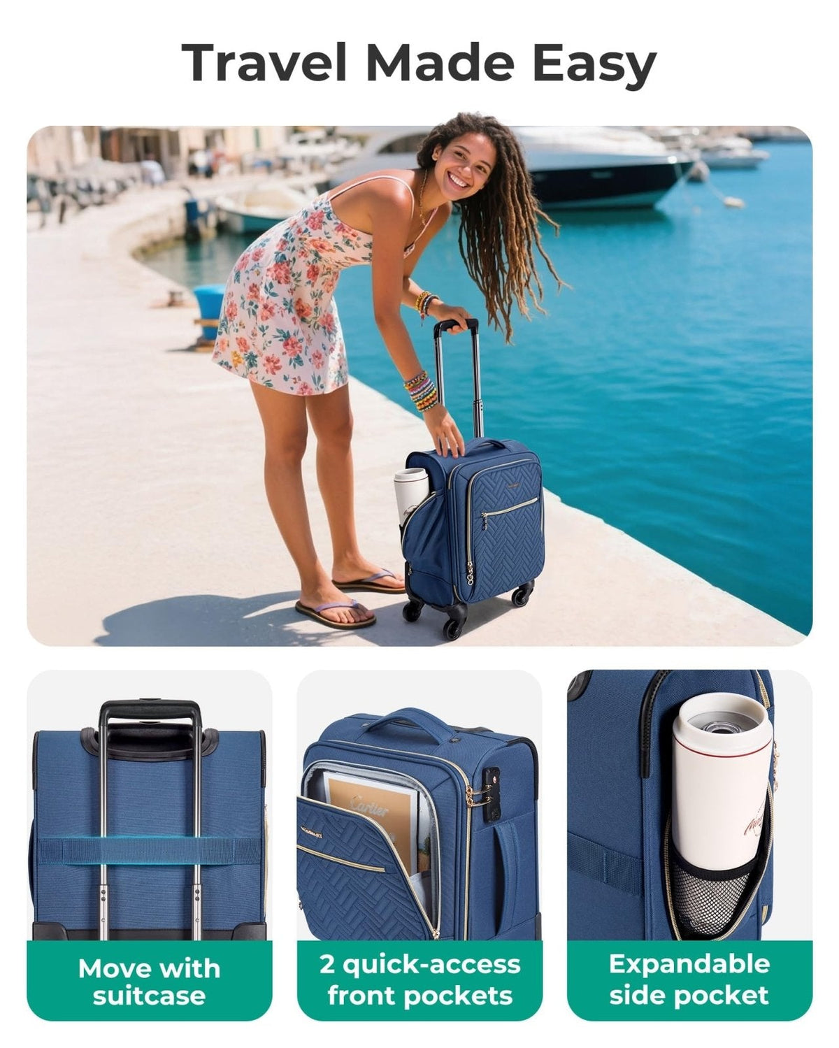 BAGSMART Underseat Carry On luggage Airline Approved, 16 - inch Small Softside Underseater Travel Suitcase with Spinner Wheels Overnight Bag Small Rolling Carry - on for Women Men Weekender, Navy Blue