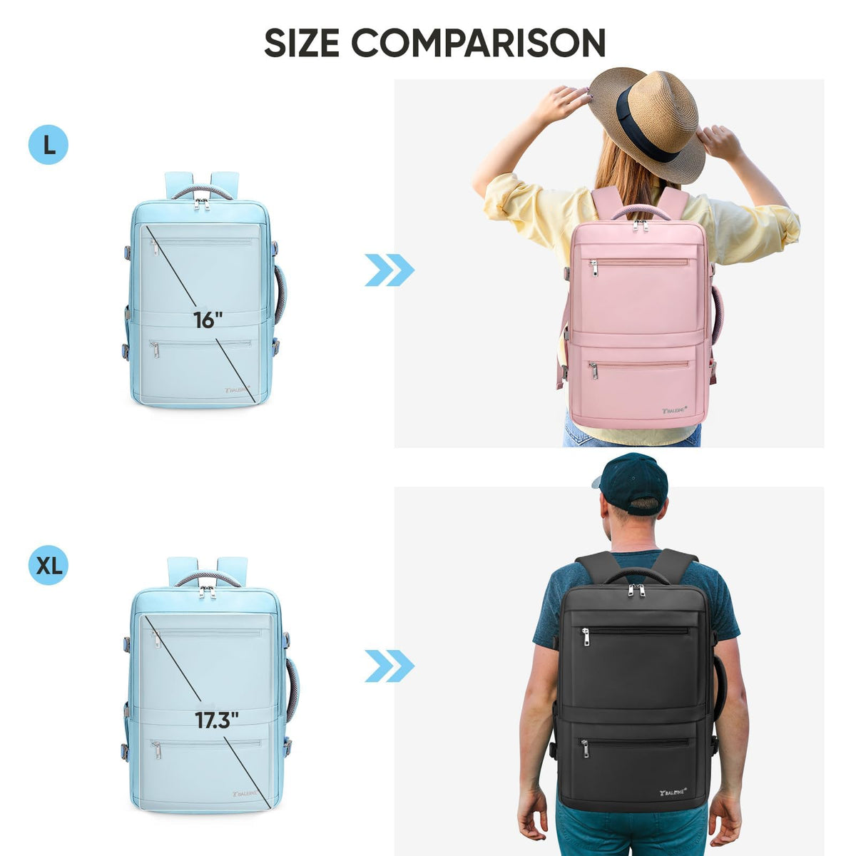 BALEINE Travel Backpack for Women Men, Large Sturdy Carry On Laptop Backpack Gifts for Business, Casual, Weekender, Hiking (Large, Light Blue)
