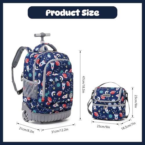 BAMIFEI 18 Inch Rocket Rolling Backpack for Kids, Rocket Rolling Backpacks Kids Backpack with Wheels School Backpack, Spacious Multiple Compartments Quiet Wheels Travel Backpack for Boys