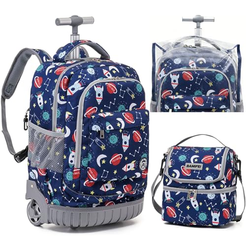 BAMIFEI 18 Inch Rocket Rolling Backpack for Kids, Rocket Rolling Backpacks Kids Backpack with Wheels School Backpack, Spacious Multiple Compartments Quiet Wheels Travel Backpack for Boys