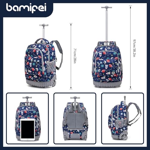 BAMIFEI 18 Inch Rocket Rolling Backpack for Kids, Rocket Rolling Backpacks Kids Backpack with Wheels School Backpack, Spacious Multiple Compartments Quiet Wheels Travel Backpack for Boys