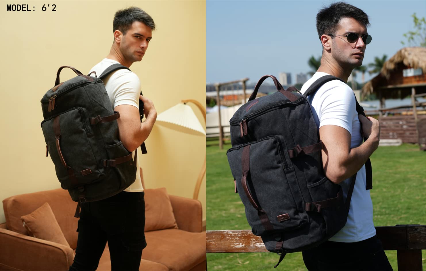 BAOSHA Canvas Weekender Travel Duffel Backpack Hybrid Hiking Rucksack Laptop Backpack for Outdoor Sports Gym HB - 26(Black)
