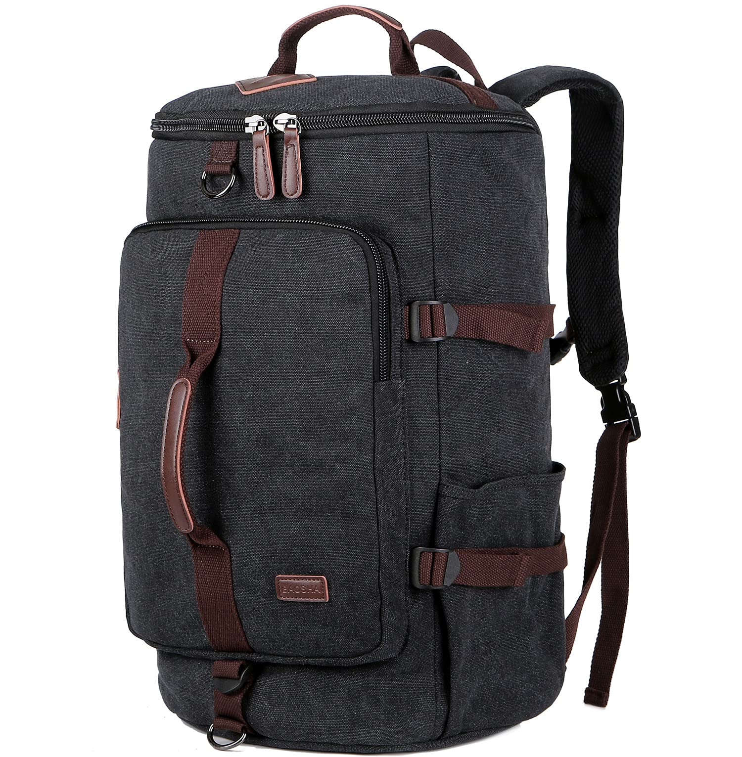 BAOSHA Canvas Weekender Travel Duffel Backpack Hybrid Hiking Rucksack Laptop Backpack for Outdoor Sports Gym HB-26(Black)