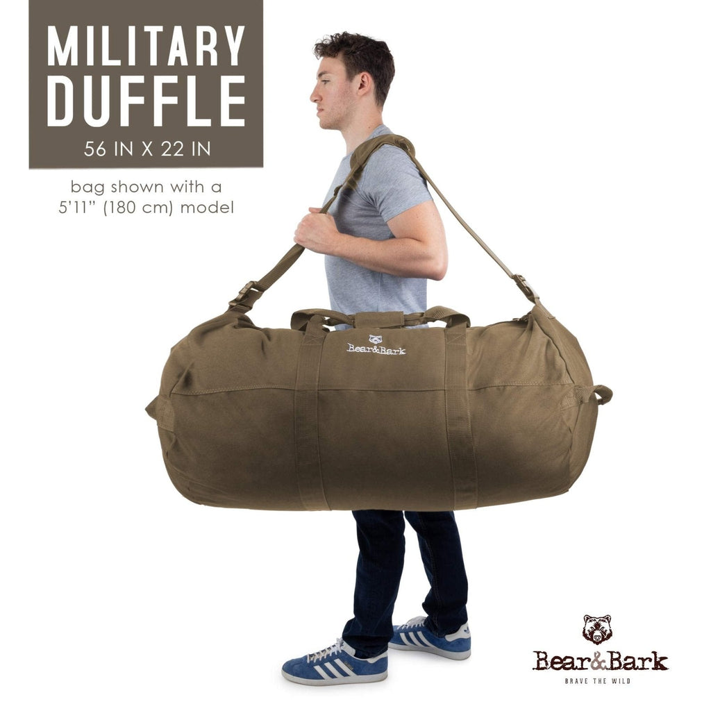 Bear & Bark Extra Large Duffle Bag - Military Green 56"x22" - 348.8L - Canvas Military/Army Cargo Style Duffel Tote for Men/Women - College Student, Backpacking, Travel Luggage/Storage Shoulder Bag