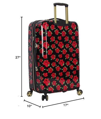 Betsey Johnson 26 Inch Checked Luggage Collection - Expandable Scratch Resistant (ABS + PC) Hardside Suitcase - Designer Lightweight Bag with 8 - Rolling Spinner Wheels (Covered Roses)