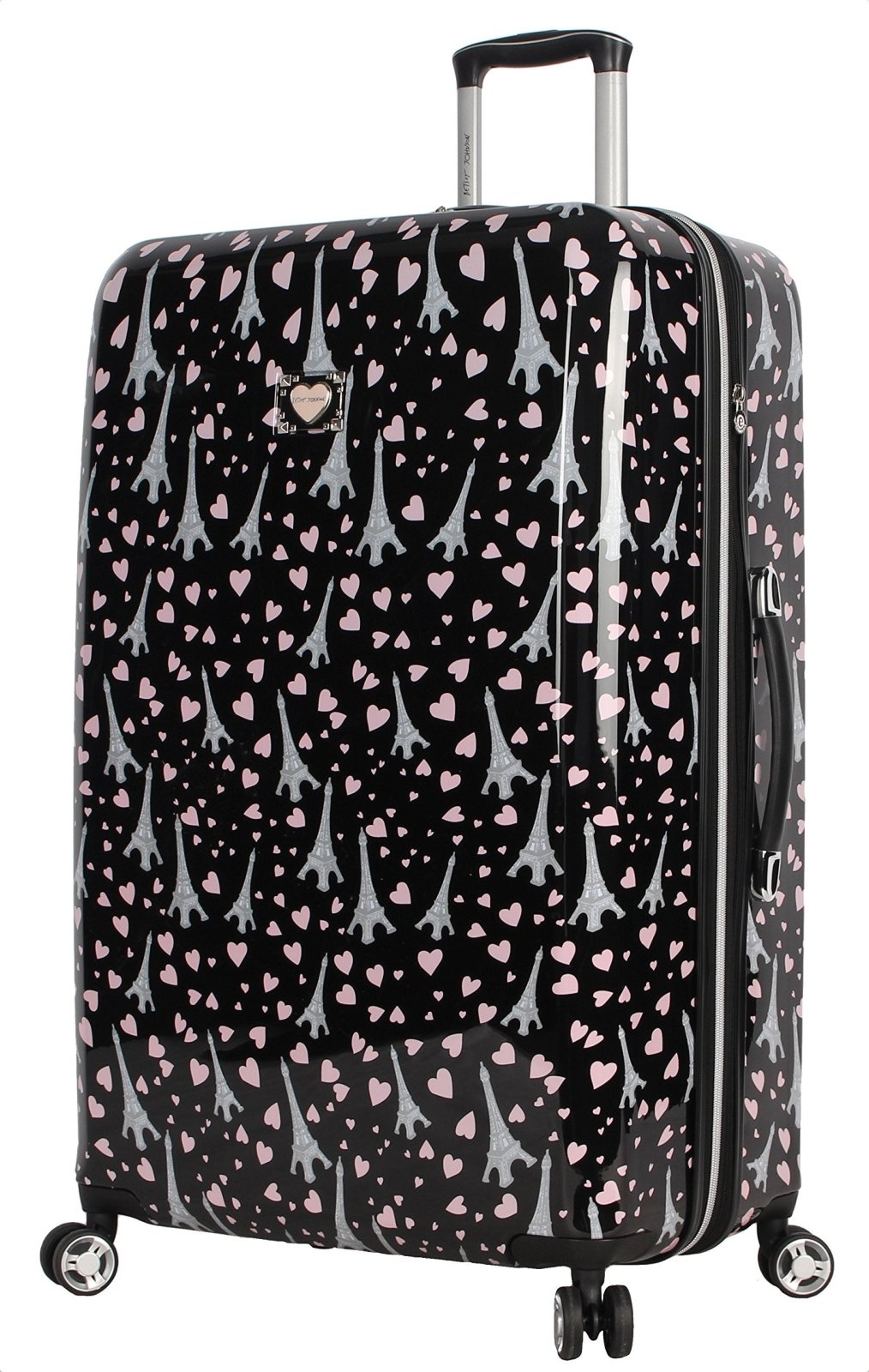 Betsey Johnson 30 Inch Checked Luggage Collection - Expandable Scratch Resistant (ABS + PC) Hardside Suitcase - Designer Lightweight Bag with 8-Rolling Spinner Wheels (Paris Love)