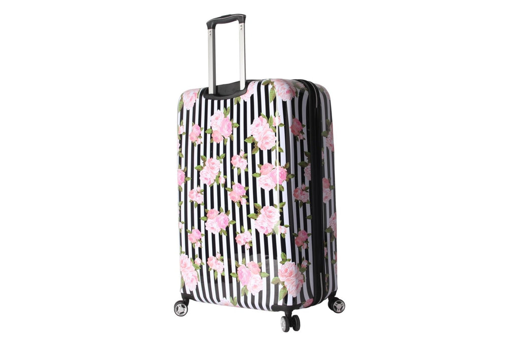 Betsey Johnson 30 Inch Checked Luggage Collection - Expandable Scratch Resistant (ABS + PC) Hardside Suitcase - Designer Lightweight Bag with 8 - Rolling Spinner Wheels (Stripe Roses, 30in)