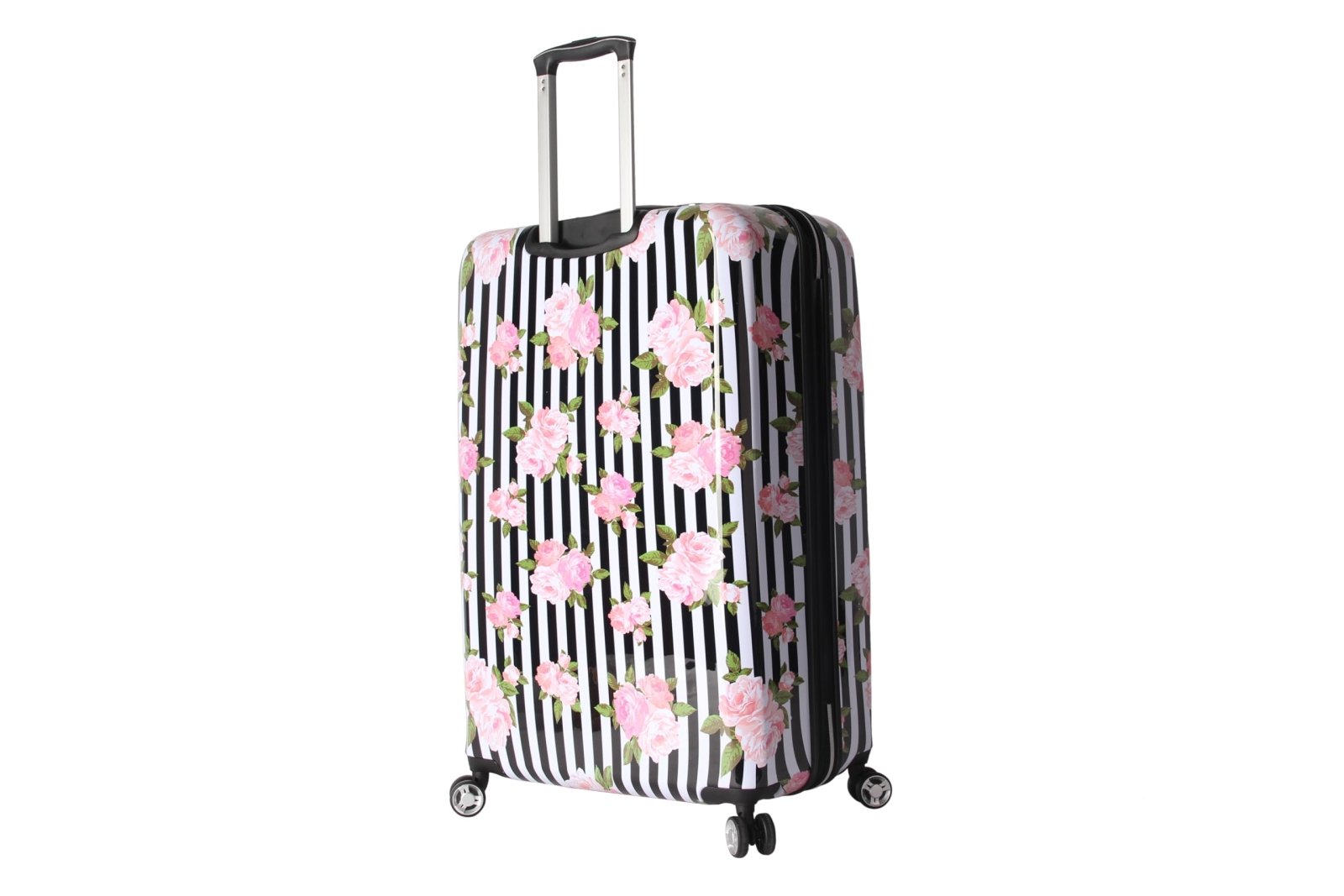 Betsey Johnson 30 Inch Checked Luggage Collection - Expandable Scratch Resistant (ABS + PC) Hardside Suitcase - Designer Lightweight Bag with 8 - Rolling Spinner Wheels (Stripe Roses, 30in)