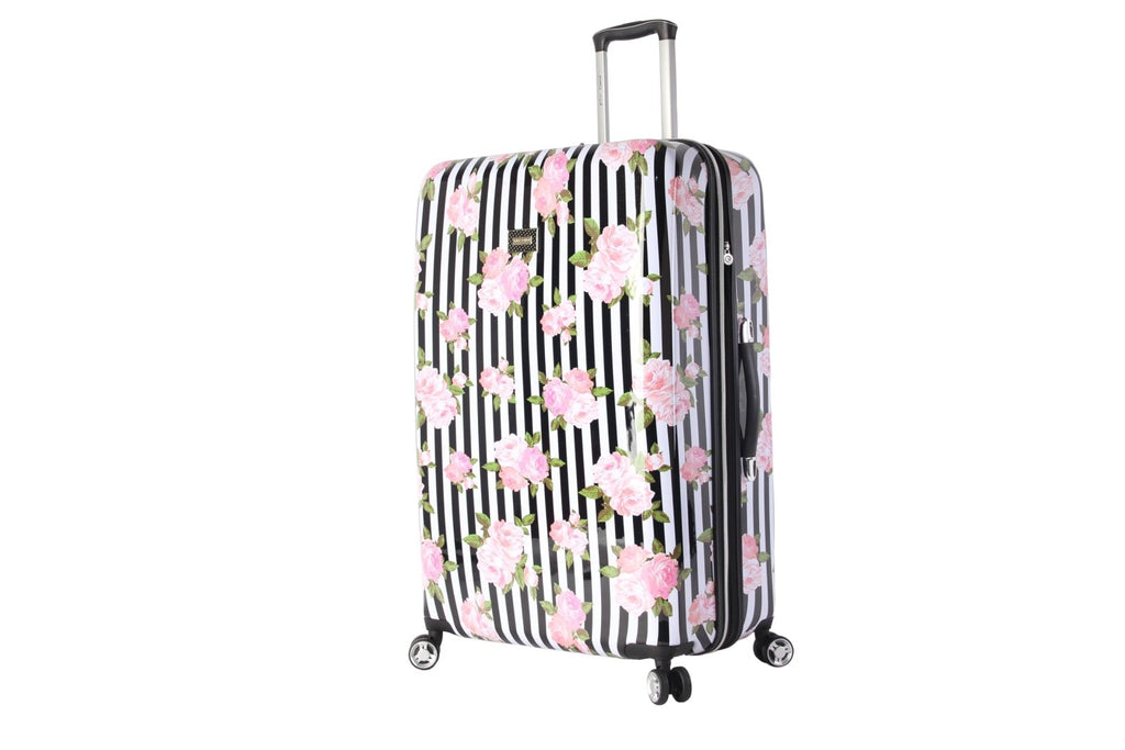 Betsey Johnson 30 Inch Checked Luggage Collection - Expandable Scratch Resistant (ABS + PC) Hardside Suitcase - Designer Lightweight Bag with 8-Rolling Spinner Wheels (Stripe Roses, 30in)