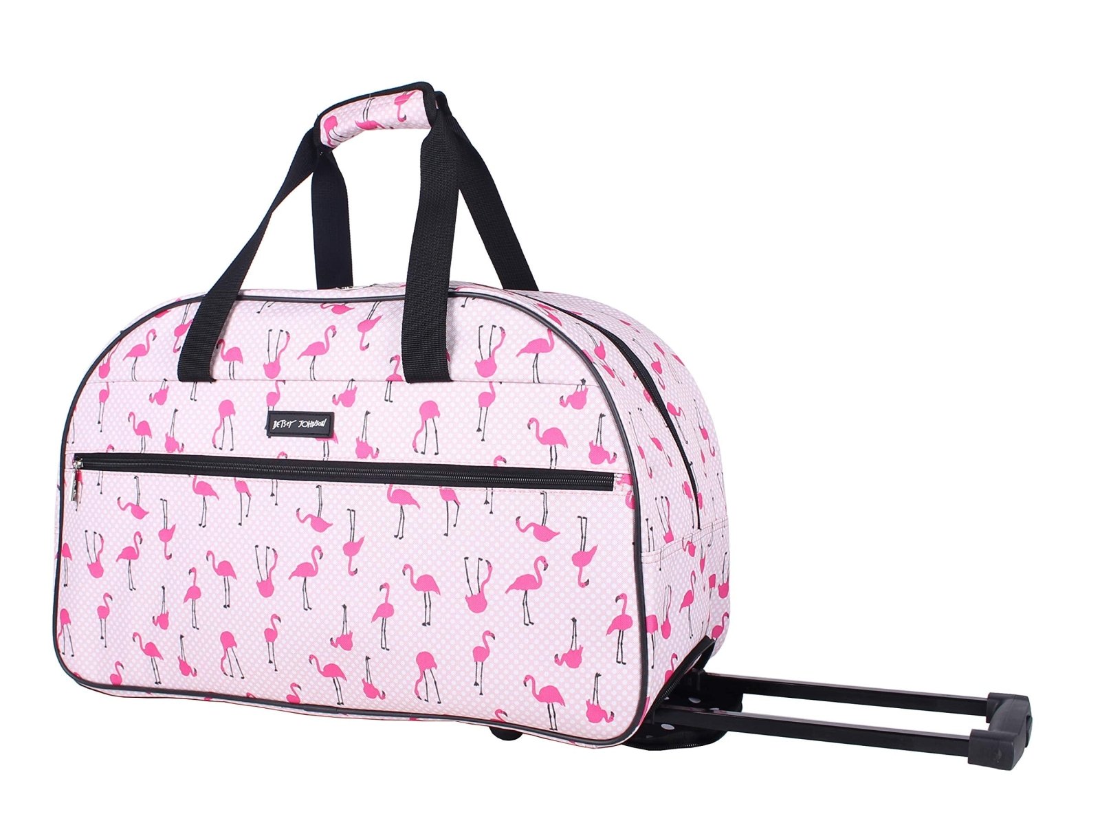 Betsey Johnson Designer Carry On Luggage Collection - Lightweight Pattern 22 Inch Duffel Bag- Weekender Overnight Business Travel Suitcase with 2- Rolling Wheels (Flamingo Strut)