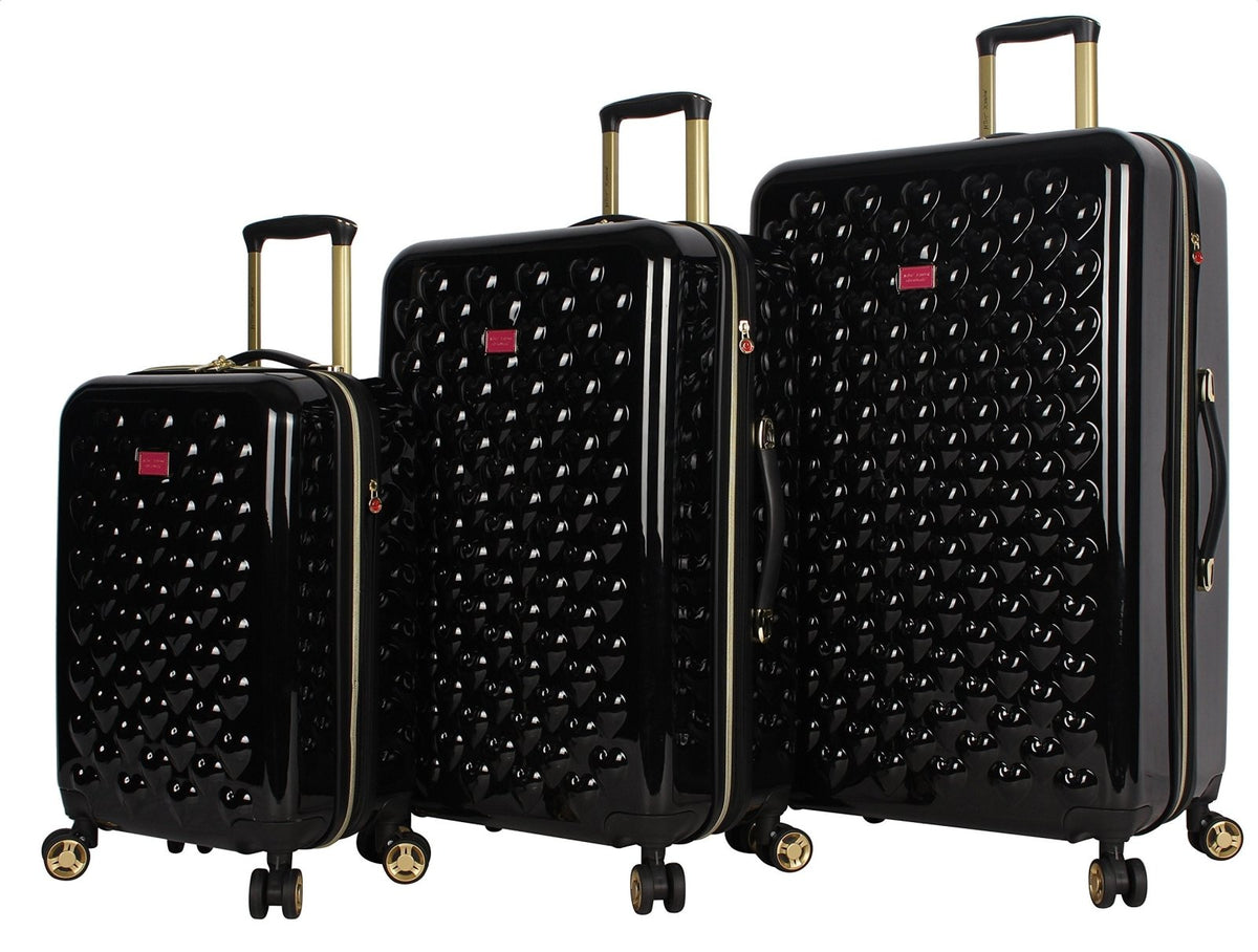 Betsey Johnson Luggage Hardside 3 Piece Set Suitcase With Spinner Wheels (20" 26" 30") (One Size, Heart to Heart Black)