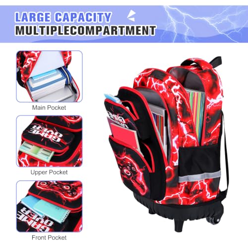Bevalsa Rolling Backpack for Boys, 3PCS Gamer Roller School Backpacks