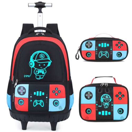 Bevalsa Rolling Backpack for Boys,Cool Luminous Gamer Roller School Backpacks with Lunch Box & Pencil Case,Kids Wheeled Schoolbag Bookbag with Wheels for Kindergarten Elementary School Travel