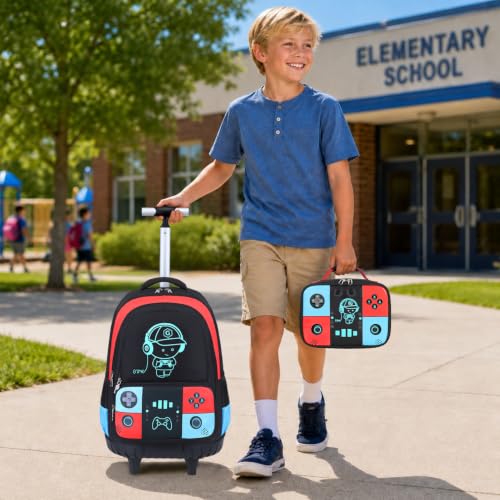Bevalsa Rolling Backpack for Boys,Cool Luminous Gamer Roller School Backpacks with Lunch Box & Pencil Case,Kids Wheeled Schoolbag Bookbag with Wheels for Kindergarten Elementary School Travel