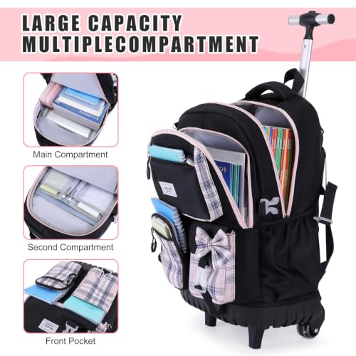 Bevalsa Rolling Backpack for Girls, Roller Backpack with Wheels, Cute Bow Wheeled School Bookbag Set with Lunch Bag & Pen Case, Suitcases for Kids Teens Elementary Middle Student (Black Pink)