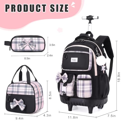 Bevalsa Rolling Backpack for Girls, Roller Backpack with Wheels, Cute Bow Wheeled School Bookbag Set with Lunch Bag & Pen Case, Suitcases for Kids Teens Elementary Middle Student (Black Pink)