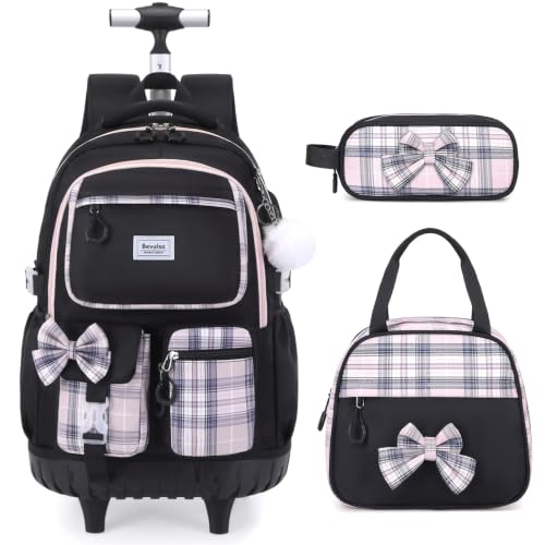 Bevalsa Rolling Backpack for Girls, Roller Backpack with Wheels, Cute Bow Wheeled School Bookbag Set with Lunch Bag & Pen Case, Suitcases for Kids Teens Elementary Middle Student (Black Pink)