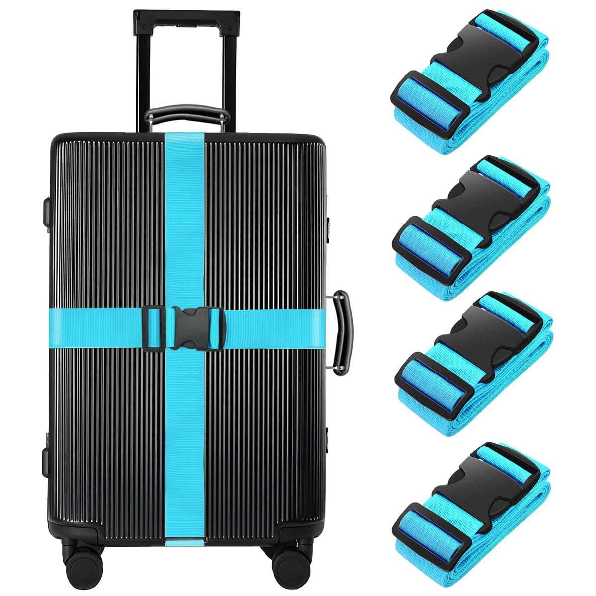 BILIONE 4 Pack Luggage Straps 79" Long Belts Keep Suitcase Secure While Traveling, TSA Approved Add a Bag Premium Accessory for Travel Bag Closure (4 Pcs Blue)