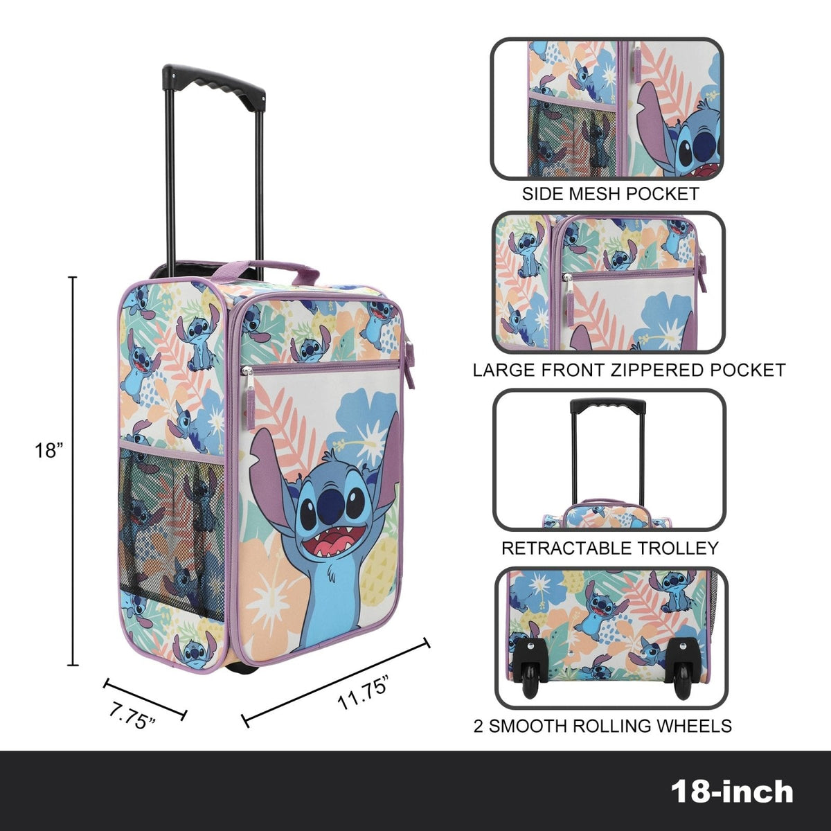Bioworld Lilo & Stitch Tropical Fruit & Flowers 18" Youth Pilot Case Carry On Luggage Suitcase