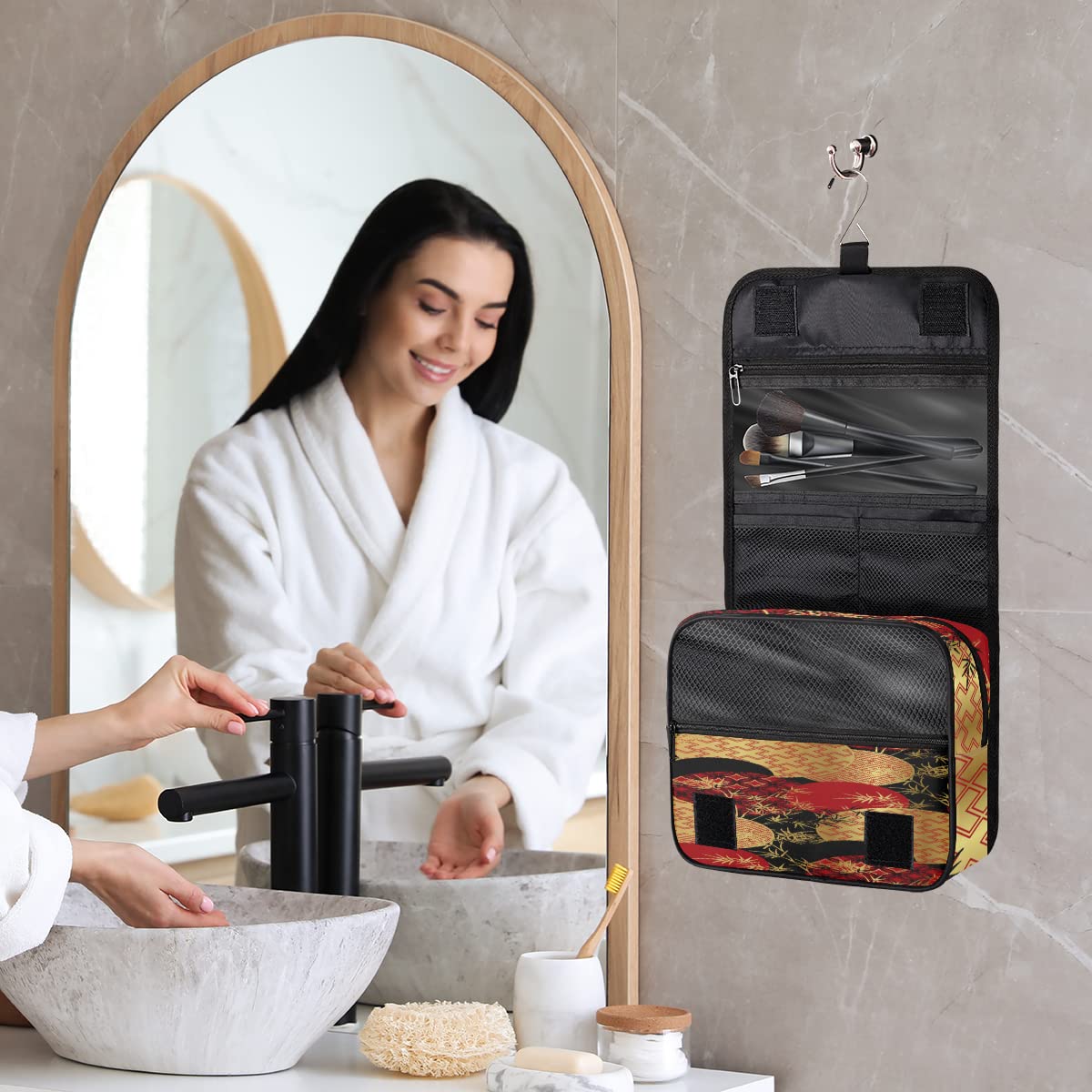 bisibuy Asic Ancient Bamboo Gold Hanging Travel Toiletry Bag Travel Accessories Organizer Bag for Women Men Lightweight Bathroom and Shower Toiletry Kit Bag