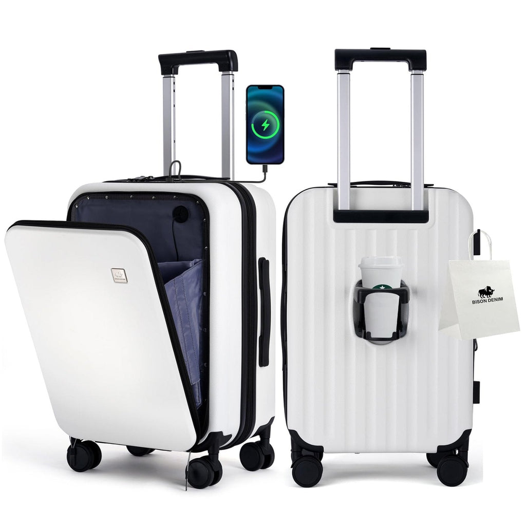 BISON DENIM 20 Inch Carry On Luggage, PC Lightweight Hardside Expandable Carry-On Luggage Airline Approved With Spinner Wheels, Front Compartment, Cup Holde, TSA-approved Lock, USB Port