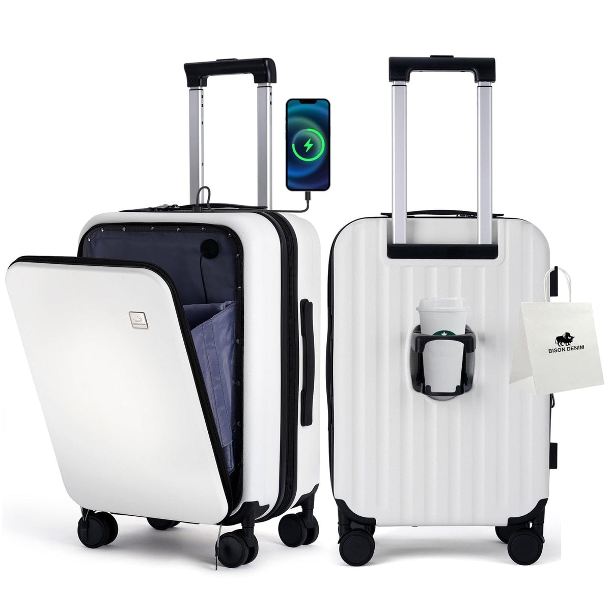 BISON DENIM 20 Inch Carry On Luggage, PC Lightweight Hardside Expandable Carry-On Luggage Airline Approved With Spinner Wheels, Front Compartment, Cup Holde, TSA-approved Lock, USB Port