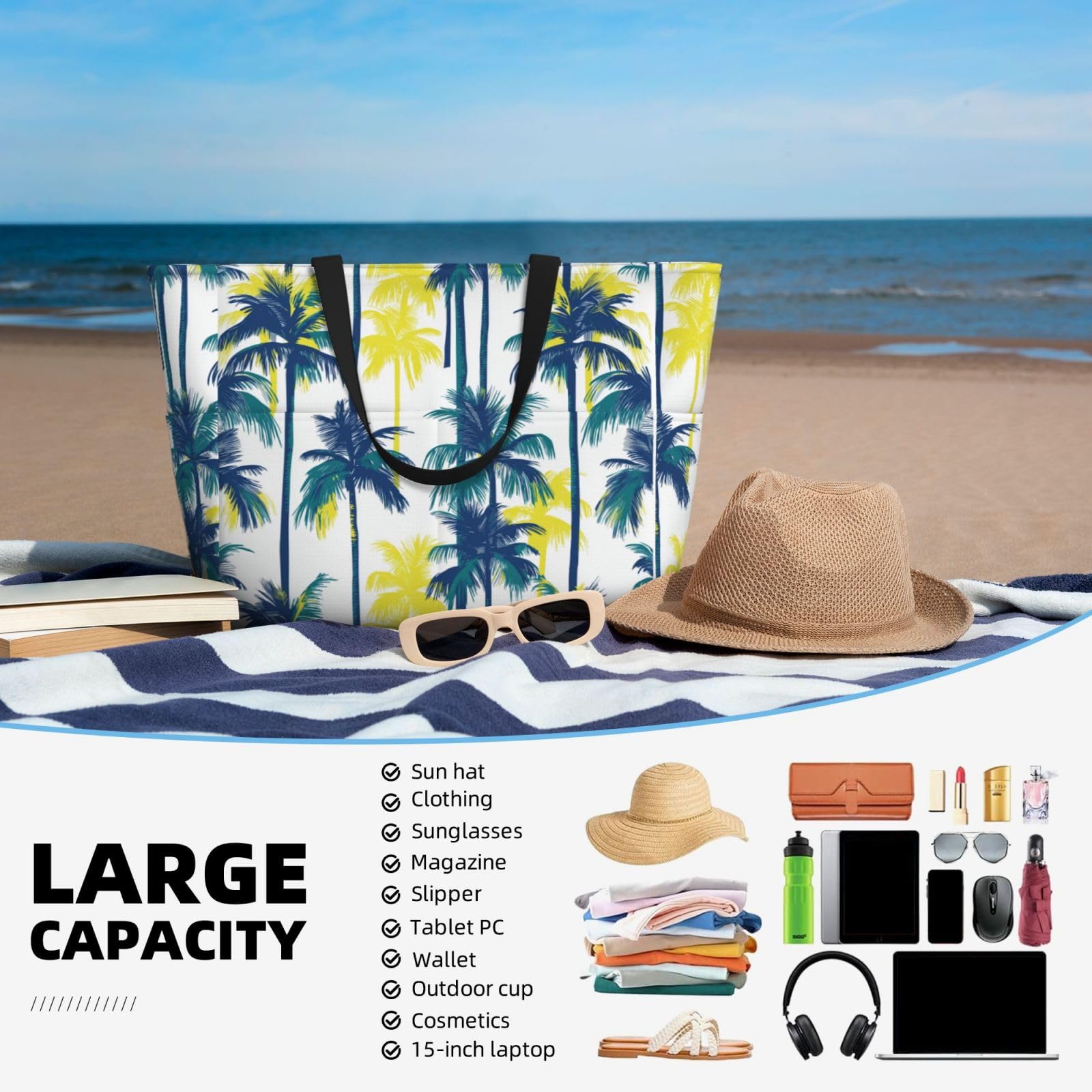 BJQ Beach Tote Bag for Women Palm Trees Pattern Beach Bag Waterproof and Sandproof Pool Tote Bag with Wet Bag Cute Large Cruise Travel Bag for Weekend Travel