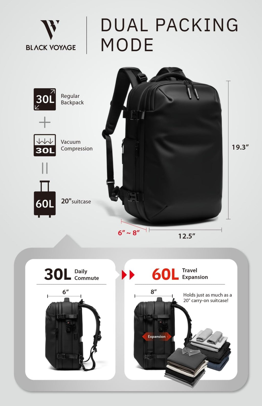 BlackVoyage Vortex Vacuum Seal Travel Backpack 60L Expandable Air Compression System Water Resistant TSA Lock Carry - On Suitcase Luggage Black Zephyr - Vacuum Pump Included