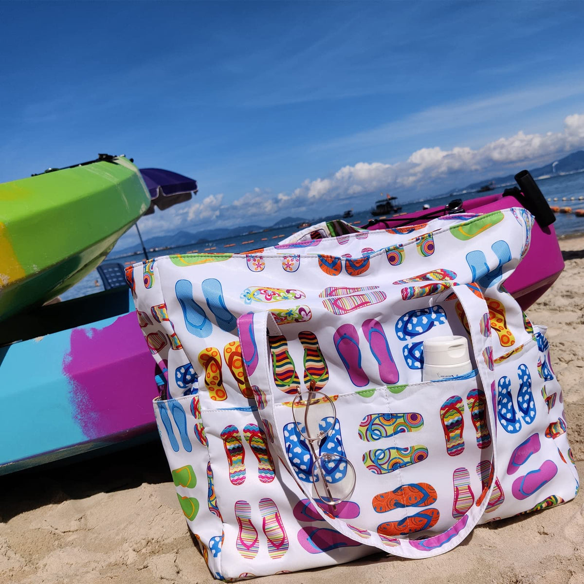Bluboon Waterproof Beach Tote Pool Bags for Women Ladies Extra Large Gym Tote Carry On Bag With Wet Compartment for Weekender Travel (slipper)