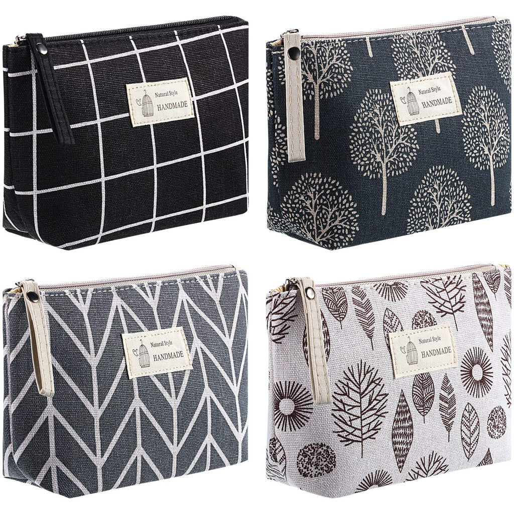 Boao 4 Pieces Canvas Makeup Bags Set Small Cosmetic Pouches for Purse with Zipper Multi Functional Toiletry Travel Case Organizer for Women Gift, 4 Styles(Small,Arrow, Plaid, Tree, Leave)