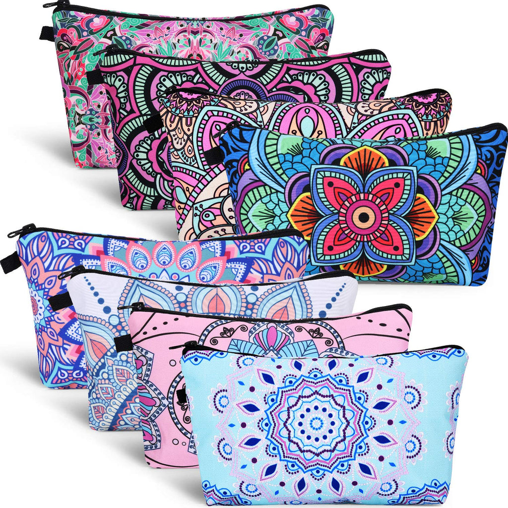 Boao 8 Pieces Cosmetic Bag Makeup Bag Waterproof Travel Toiletry Pouch Bag with Mandala Flowers Design, 8 Styles (Round Mandala Flowers)
